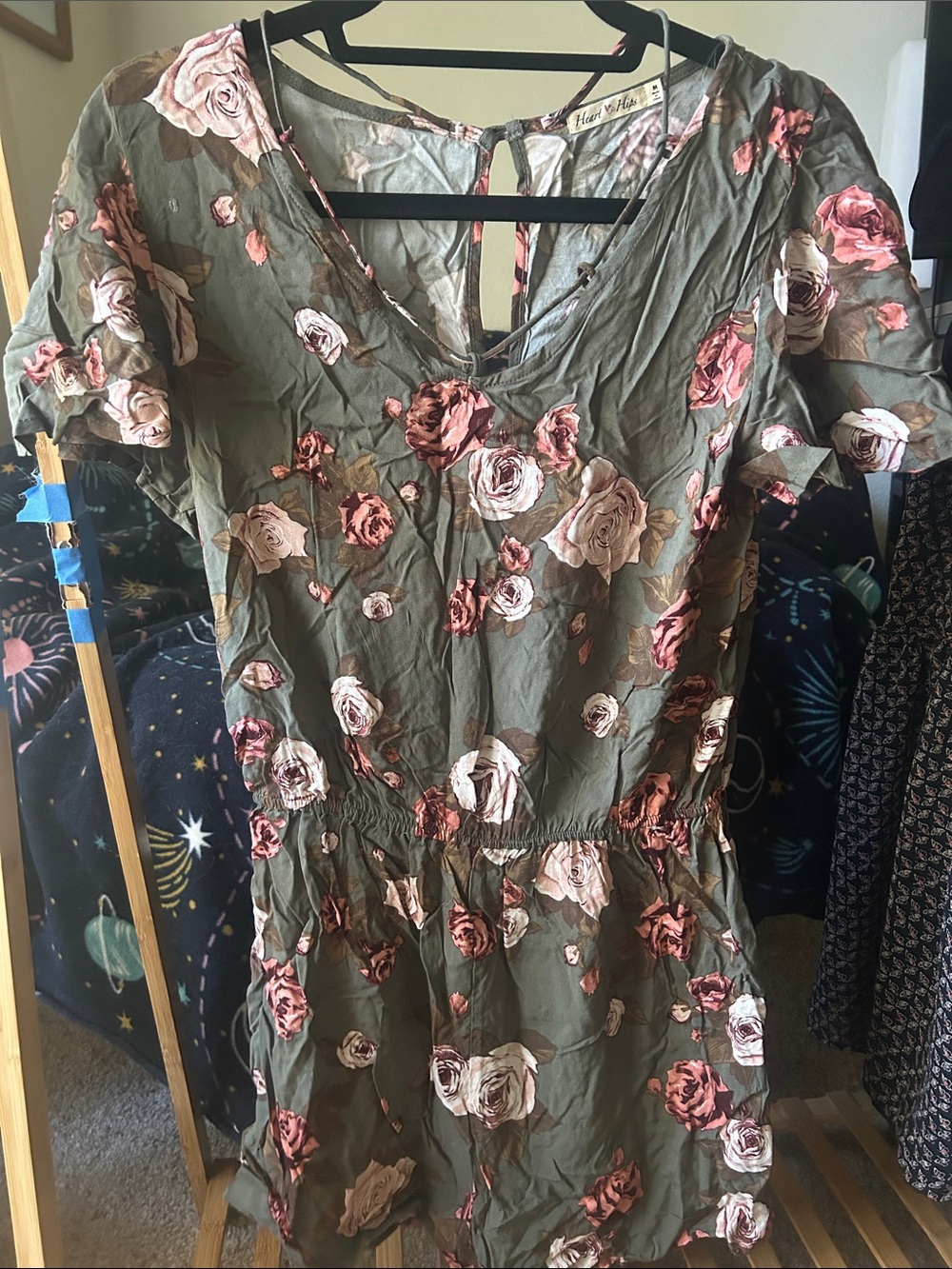 Heart & Hips Olive Floral Short Sleeve Romper with Pink Roses